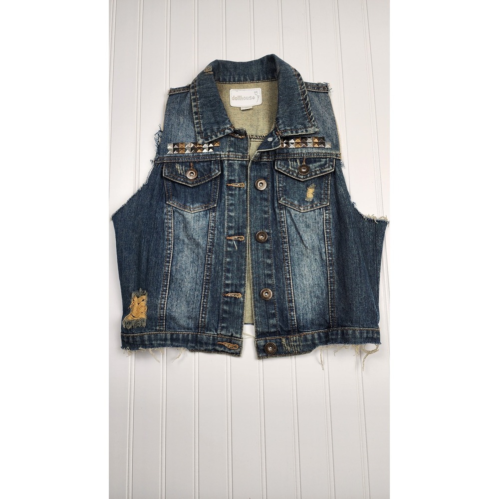 Dollhouse Distressedโ Studded Sleeveless Denim Vest Women Teen Size Medium